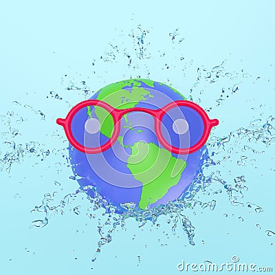 3d world with sunglasses, water splash, clear blue water scattered around isolated on blue background. world water day concept 3d Cartoon Illustration