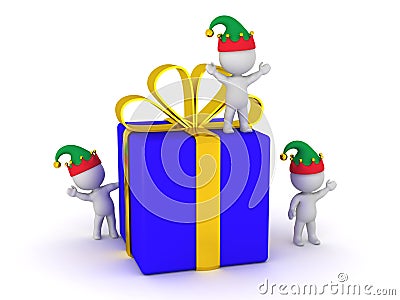 3D Wrapped Gift Box and several small 3D Characters with Elf Hat Stock Photo