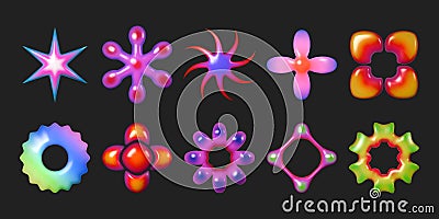 3d Y2K elements. Neon flower shape, abstract gradient heart and shape hologram, iridescent design. Colorful render Vector Illustration