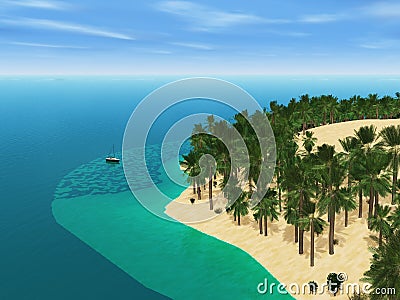 3D yacht travelling to a palm tree island Stock Photo