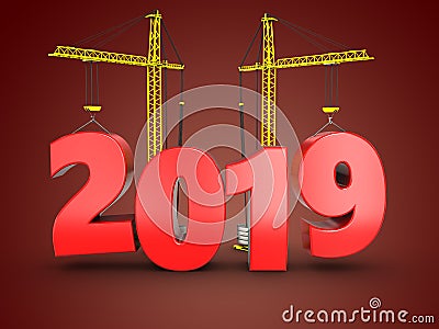 3d 2019 year with crane Cartoon Illustration