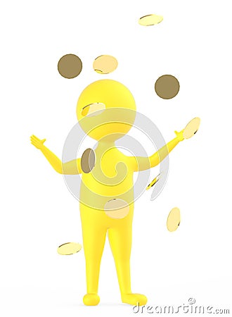 3d yellow character standing and raising both hands when golden coin,s falls Stock Photo