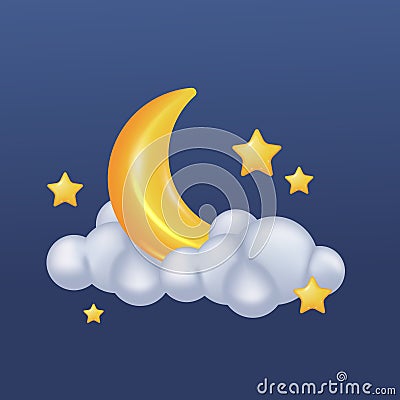 3d yellow cute crescent moon and star with cloud for sweet dreams lullaby baby concept Vector Illustration