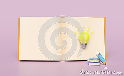 3d yellow light bulb with pencil, open book, textbook, isolated on pink background. idea tip education, knowledge creates ideas Cartoon Illustration