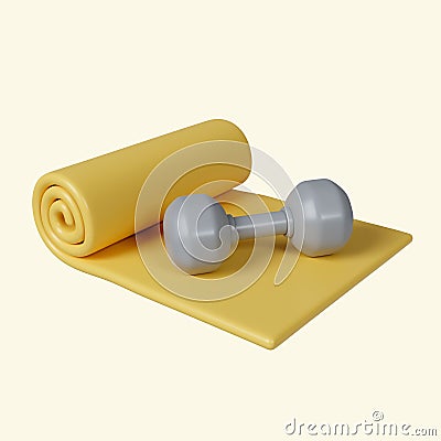 3d yellow yoga mat with dumbbell. Fitness and health. Exercise equipment. icon isolated on yellow background. 3d Cartoon Illustration