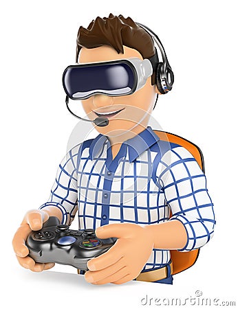 3D Young gamer playing with virtual reality glasses. VR Stock Photo