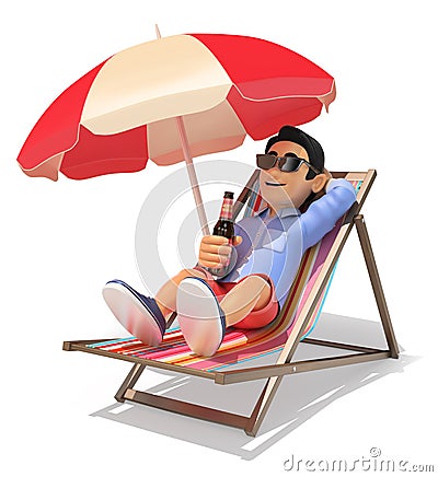 3D Young man in shorts in the beach drinking beer Cartoon Illustration