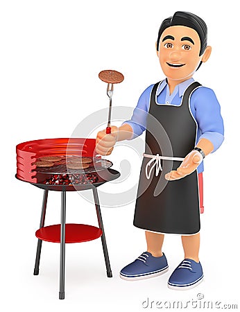 3D Young man in shorts cooking on a barbecue Stock Photo