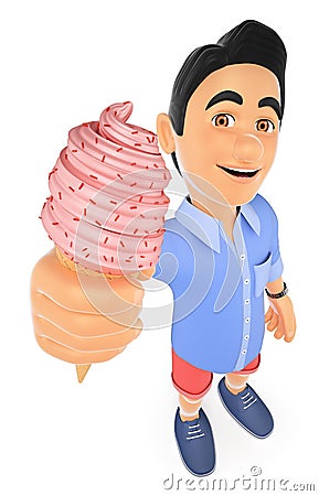 3D Young man in shorts with an ice cream cone Stock Photo