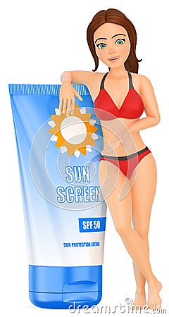 3D Woman in bikini with sunscreen Cartoon Illustration