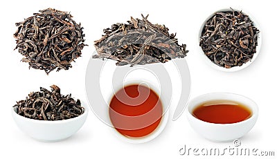 Da Hong Pao, Big Red Robe Oolong, collection of loose leaves and bowls of brewed Chinese tea isolated on white Stock Photo