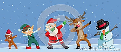 Dabbing Christmas Cartoon Characters Funny Banner Vector Illustration