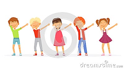 Dabbing. Kids dancing and posing school teenager groups young americans moving vector dabbing characters Vector Illustration