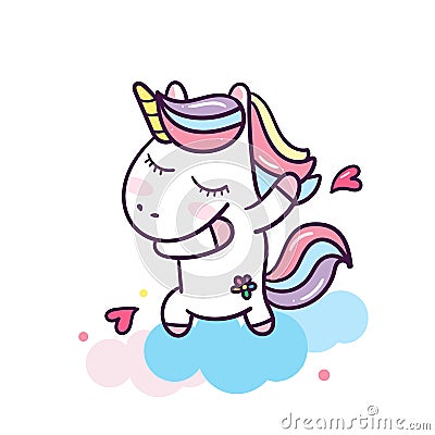 Dabbing unicorn with hearts happy unicorn expressions cute cartoon illustration: series Illustration of cute fairytale pony Hap Vector Illustration