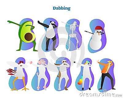 Dabbing vector illustration. Avocado, panda, skeleton and snowman Frosty is dropping head and showing famous hiphop dance move. Vector Illustration