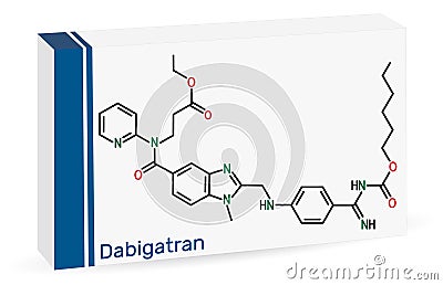 Dabigatran molecule. It is anticoagulant medication. Skeletal chemical formula. Paper packaging for drugs Vector Illustration