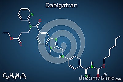 Dabigatran molecule. It is anticoagulant medication. Structural chemical formula on the dark blue background Vector Illustration