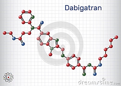 Dabigatran molecule. It is anticoagulant medication. Structural chemical formula and molecule model. Sheet of paper in a cage Vector Illustration