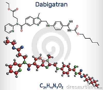 Dabigatran molecule. It is anticoagulant medication. Structural chemical formula and molecule model Vector Illustration