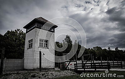DACHAU, GERMANY Dachau Nazi Concentration Camp watchtower Editorial Stock Photo