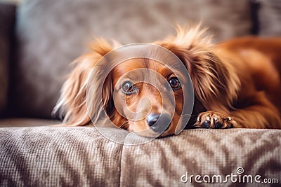 Dachshund or Cocker Spaniel dog lying on couch, cut pet in room, generative AI Stock Photo