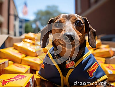 Dachshund delivery dog with packages Stock Photo