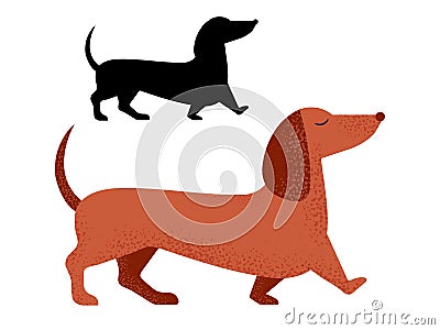 Dachshund Dog Breed in Cartoon and Outline Vector Illustration