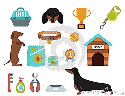 Dachshund dog playing vector illustration elements set flat style puppy domestic pet accessory. Vector Illustration