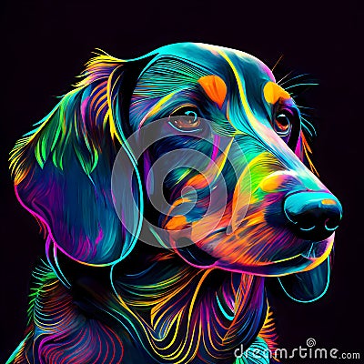 Dachshund dog puppy in abstract, graphic highlighters lines rainbow ultra-bright neon artistic portrait Stock Photo