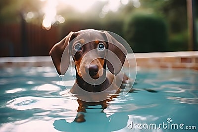 dachshund dog swimming in swimming pool Stock Photo