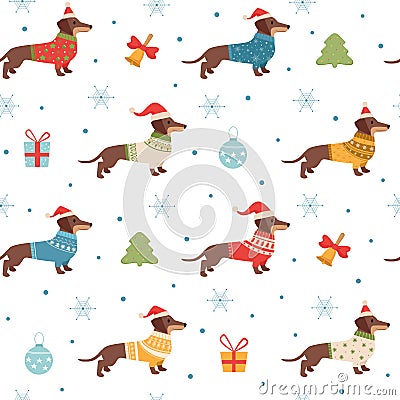 dachshund pattern. christmas seasonal template with long dog in winter knitted sweaters clothes for pets. Vector Vector Illustration