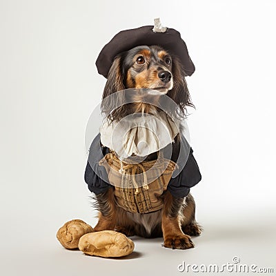 Dachshund In Pilgrim Costume: A Baroque-inspired Portrait Stock Photo