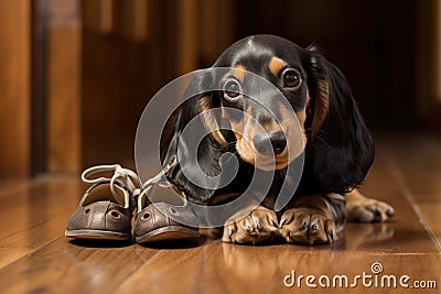 a dachshund puppy pulling on a slippers heel on a wooden floor Stock Photo