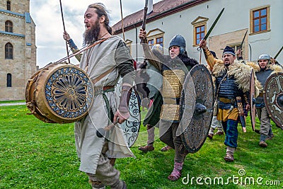 Dacian soldiers in battle costume, Alba Iulia, Romania, Apulum Roman Festival Editorial Stock Photo