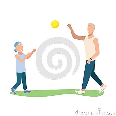 Happy young dad plays with his son tossing the bal Vector Illustration