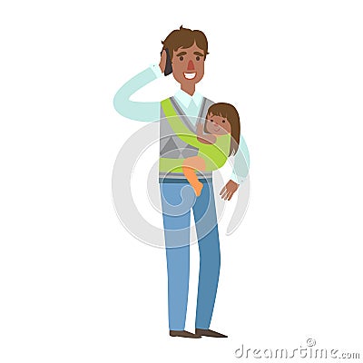 Dad With Baby Girl In Sling Talking On The Phone, Illustration From Happy Loving Families Series Vector Illustration