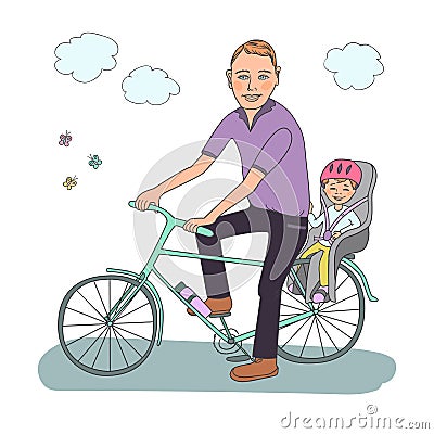 Dad with the baby go by bicycle. Vector Illustration