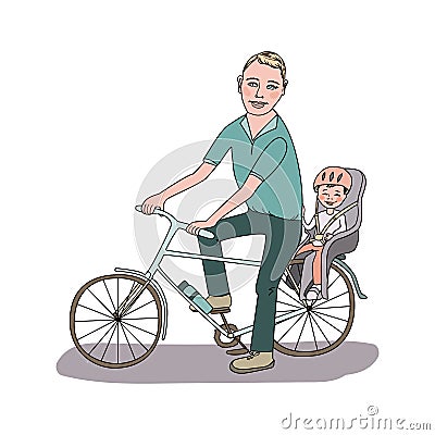 Dad with the baby go by bicycle. Vector Illustration