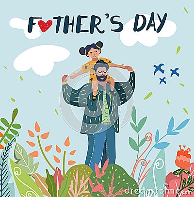 Dad with Beard Mustache Holding Daughter Shoulders Vector Illustration