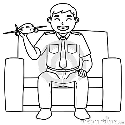 Dad Character Who is a Pilot Holds a Toy Plane While Sitting on the Sofa. Black and White Color. Coloring Book Illustration Vector Illustration