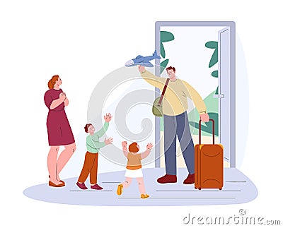 Dad come back to home from trip or work. Welcome father, happy little children meeting parent. Family life together, man Vector Illustration