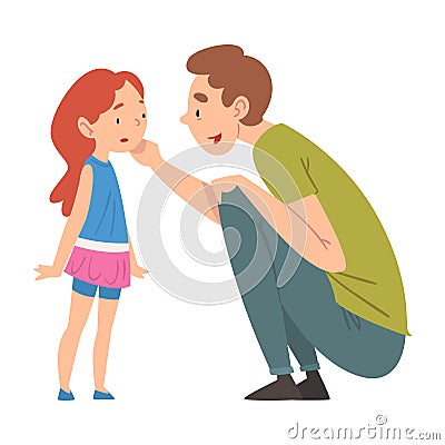 Dad Comforting Her Daughter, Father Caring for Child Squatting in front of Girl, Happy Family Relationship Vector Vector Illustration