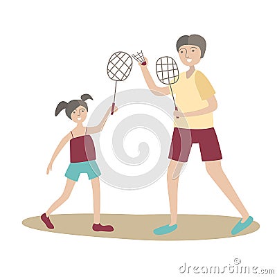 Dad and daughter play badminton. Family Sports and physical activity with children, joint active recreation. Vector Vector Illustration