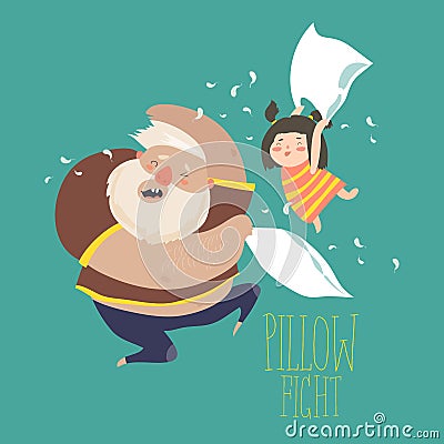 Dad and daughter playing pillow Vector Illustration