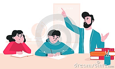 Dad doing homework with kids. Father explaining study material to boy and girl listening and taking notes at desk Vector Illustration