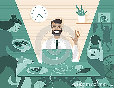 Dad freelancer has teleconference video call on his laptop while his family at home Vector Illustration