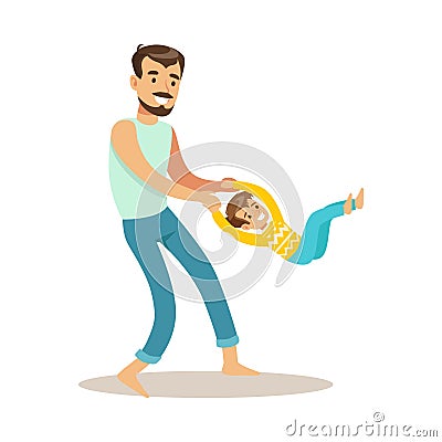 Dad Giving A Swing To His Son, Loving Father Enjoying Good Quality Daddy Time With Happy Kid Vector Illustration