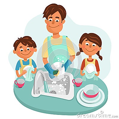 Dad with his children washes dishes Vector Illustration