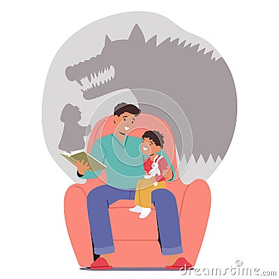 Dad And His Kid Family Characters Snuggle In An Armchair, A Fairy Tale Book Open Before Them, As He Reads Aloud Vector Illustration