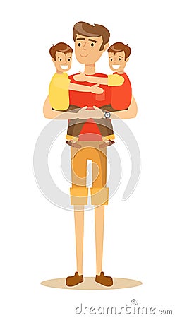 Dad Holding Twin Kids On His Hands Vector Illustration